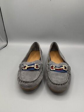 Coach and Four Gray Suede Loafers with Gold Horsebit and Navy-Red Ribbon